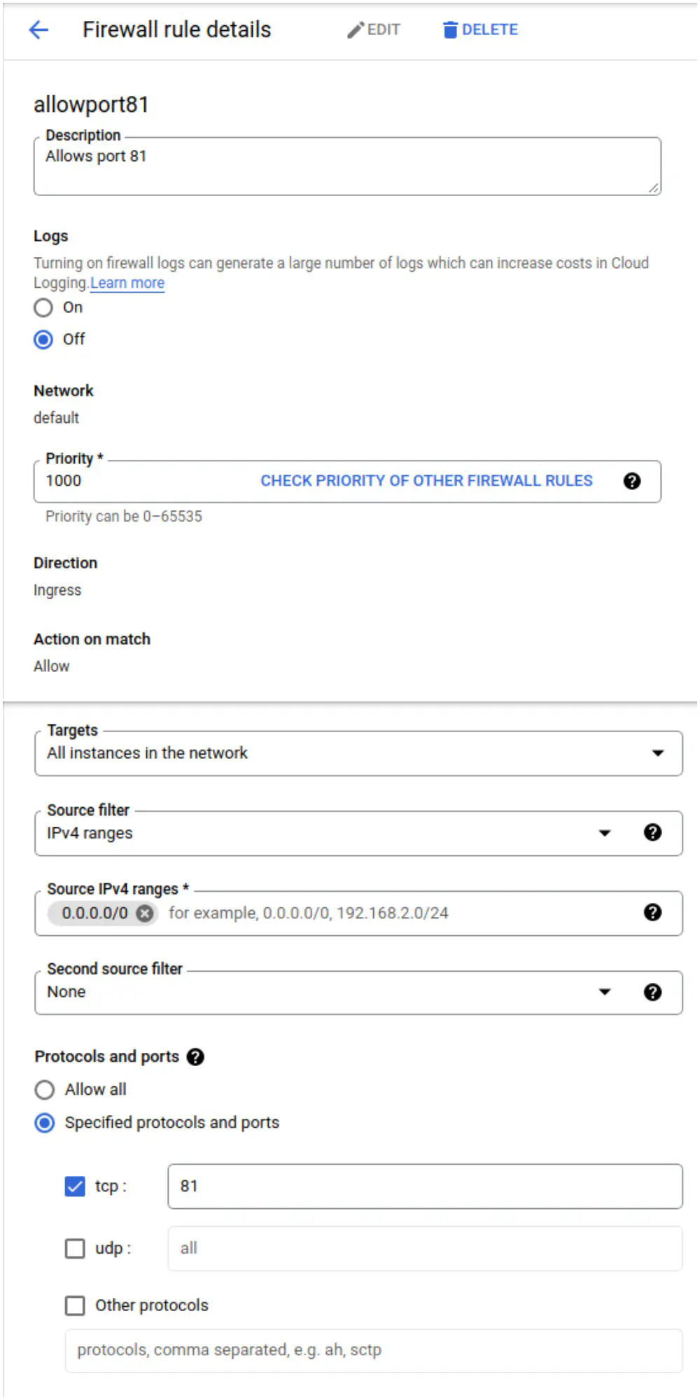 Google Cloud Firewall Page to open port 81 and apply to instance