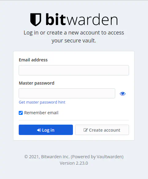 Bitwarden (Vaultwarden) Login Screen