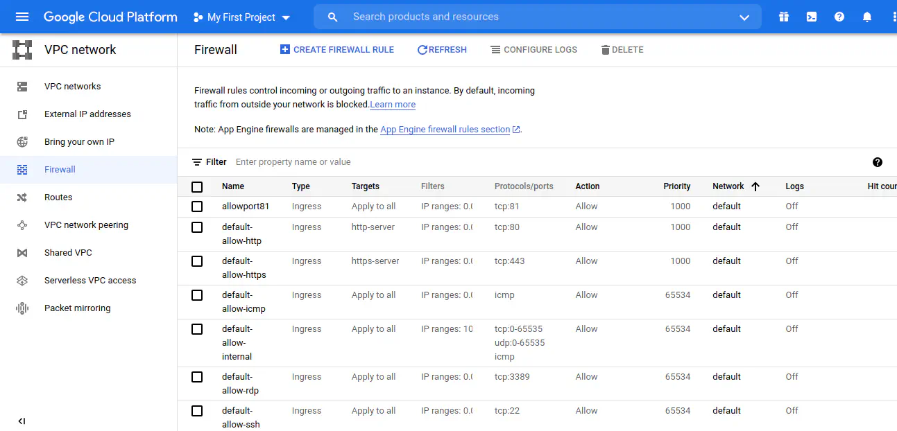 Google Cloud Firewall Page to open port 81