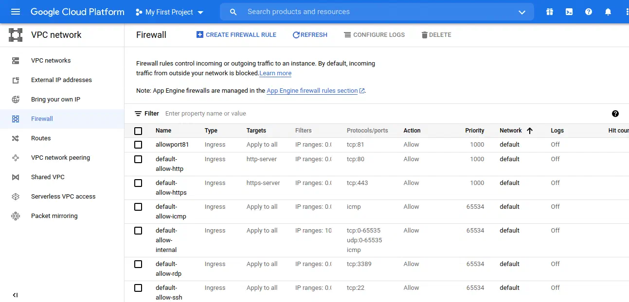 Google Cloud Firewall Page to open port 81